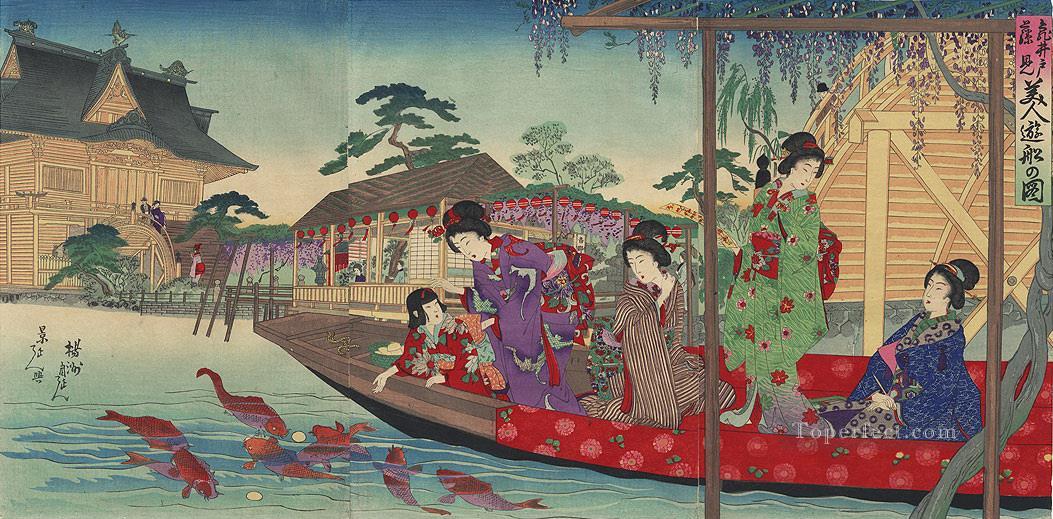 亀戸天神社前で舟遊びを楽しむ女性たちの風景 豊原周信油絵